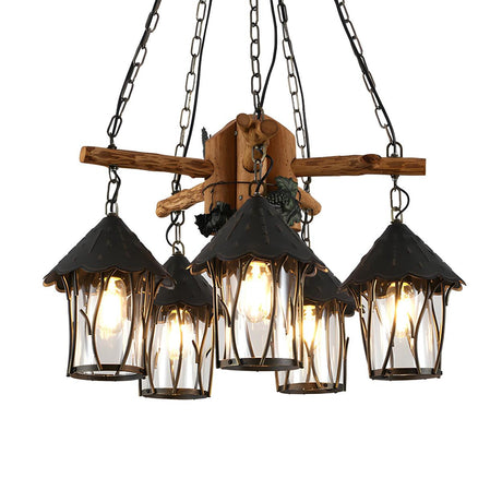 Farmhouse Rustic Restaurant Lantern Wood and Iron Chandelier Image - 2