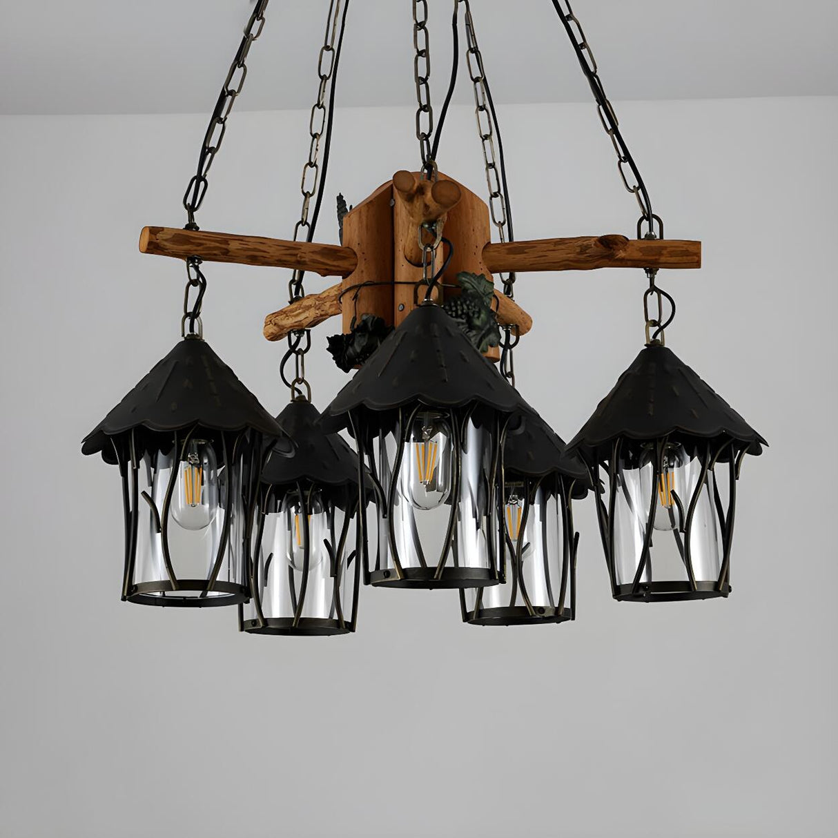 Farmhouse Rustic Restaurant Lantern Wood and Iron Chandelier Image - 3