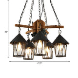 Farmhouse Rustic Restaurant Lantern Wood and Iron Chandelier Image - 4