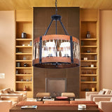 Farmhouse Wood and Rope Round Drum Pendant Chandelier Image - 1