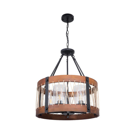 Farmhouse Wood and Rope Round Drum Pendant Chandelier Image - 4