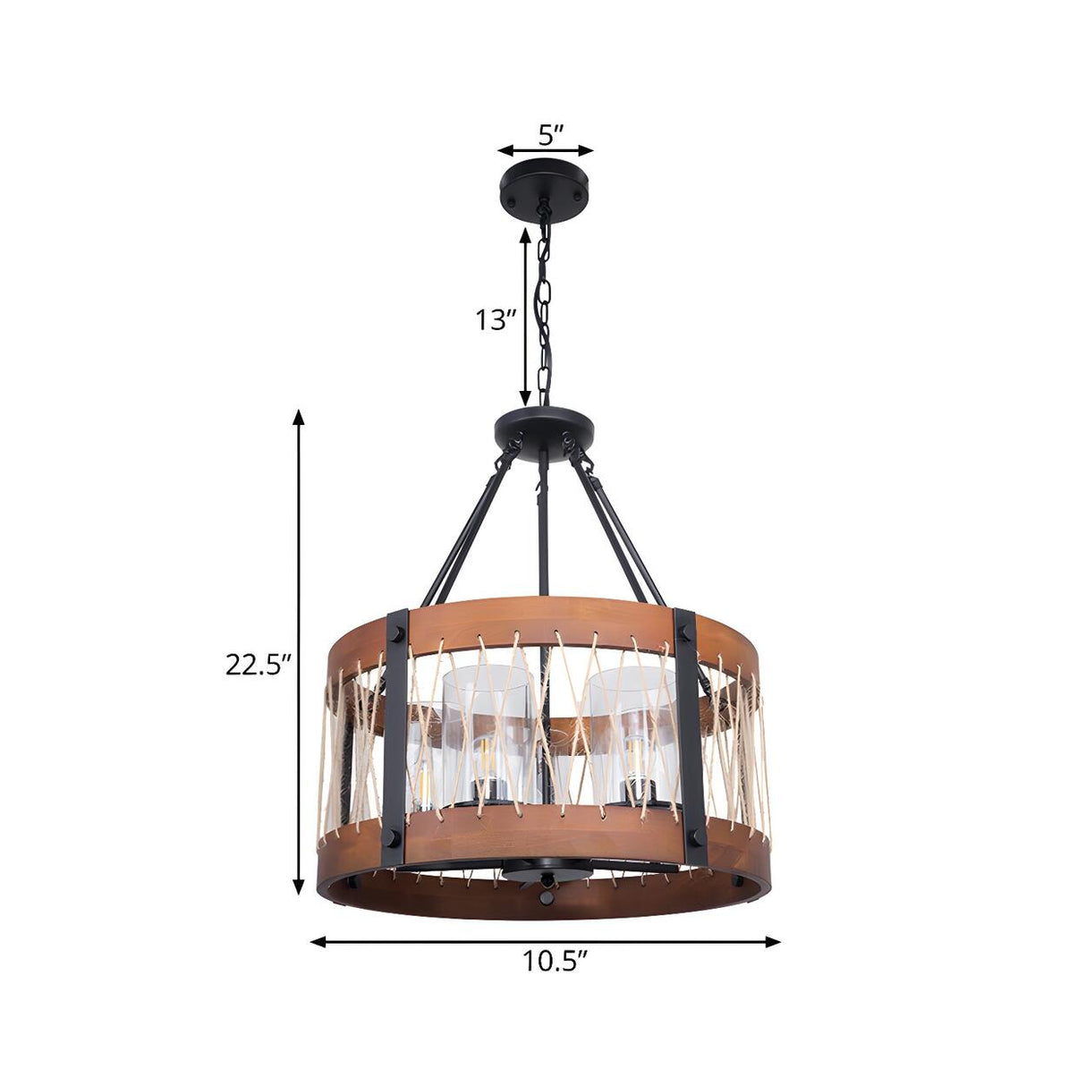 Farmhouse Wood and Rope Round Drum Pendant Chandelier 