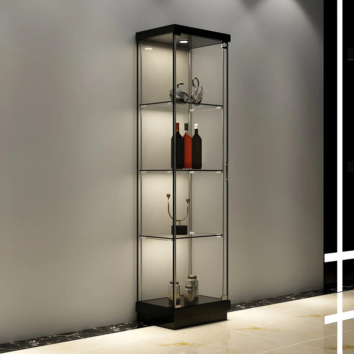 Fashion Black Clear Glass Tall Lit Display Cabinet Image - 2