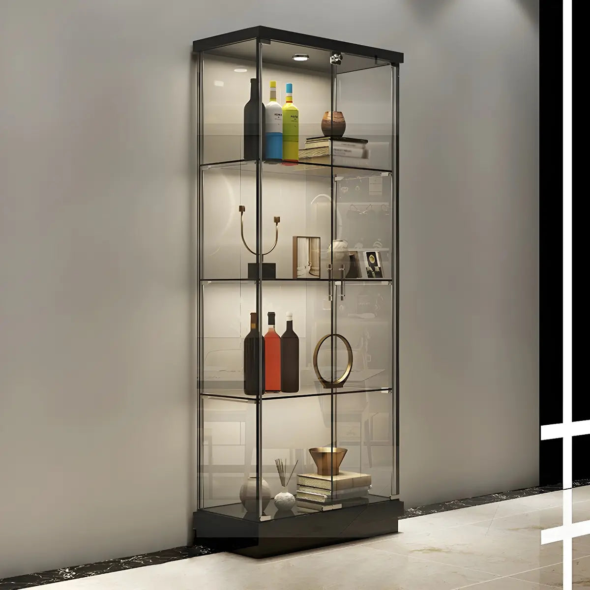 Fashion Black Clear Glass Tall Lit Display Cabinet Image - 3