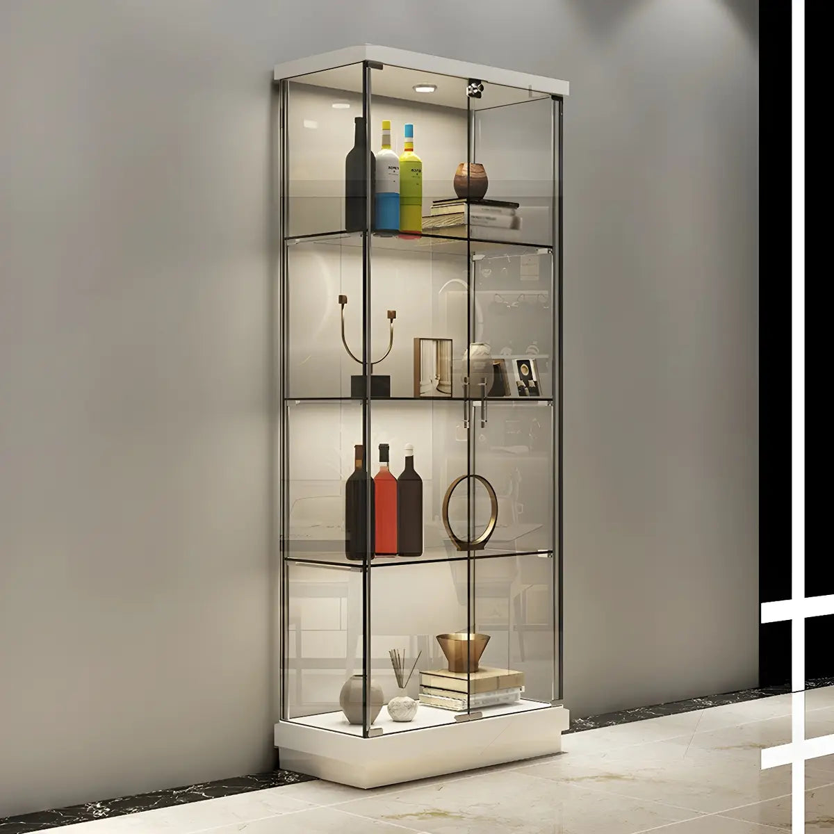 Fashion Black Clear Glass Tall Lit Display Cabinet Image - 4