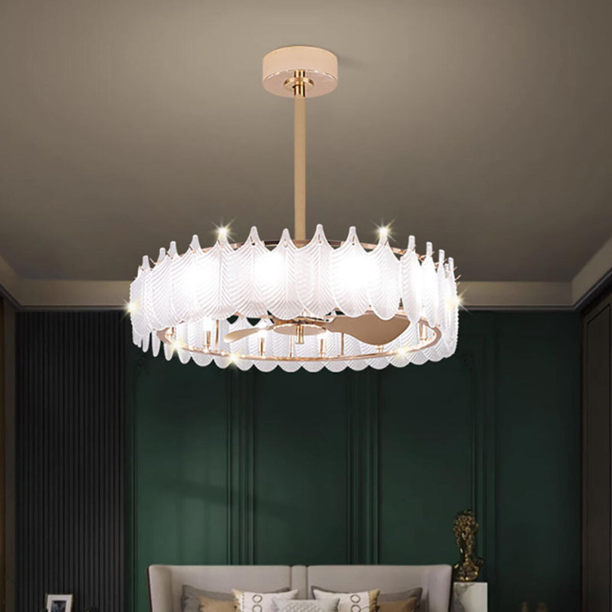 Fashion Feather Round Chandelier Ceiling Fan With Light Image - 1