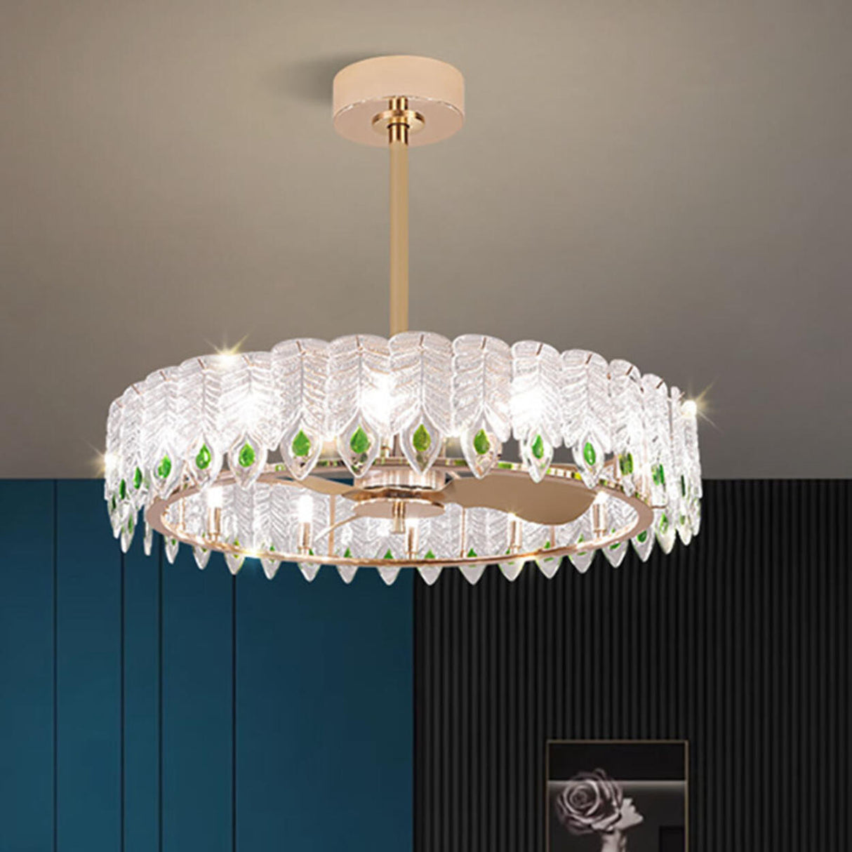 Fashion Feather Round Chandelier Ceiling Fan With Light Image - 2