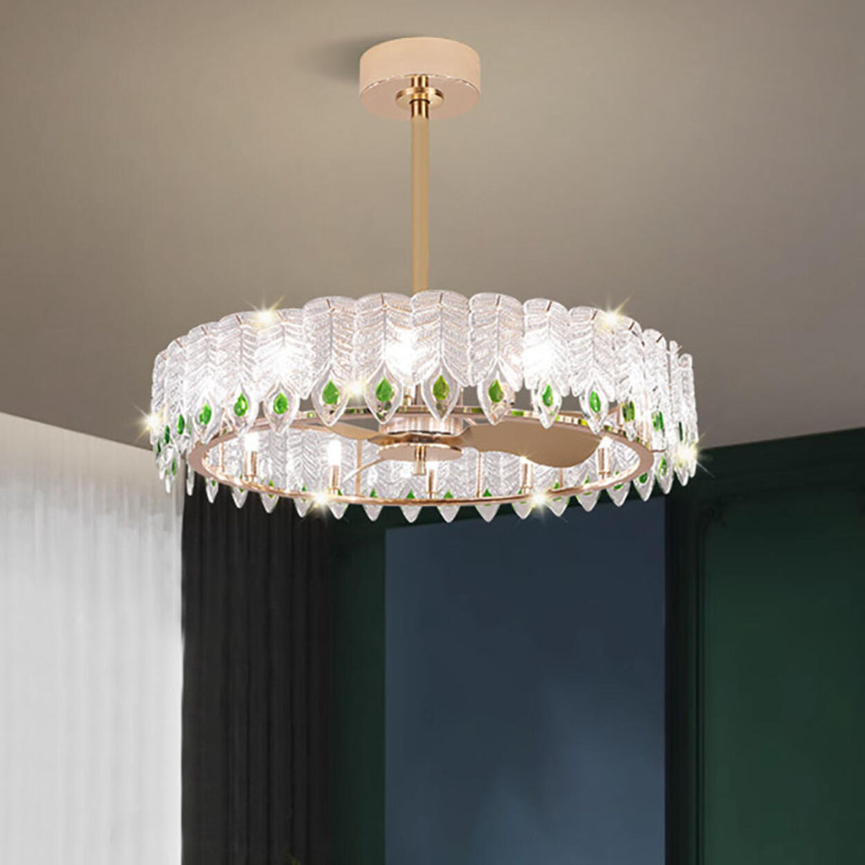 Fashion Feather Round Chandelier Ceiling Fan With Light Image - 4