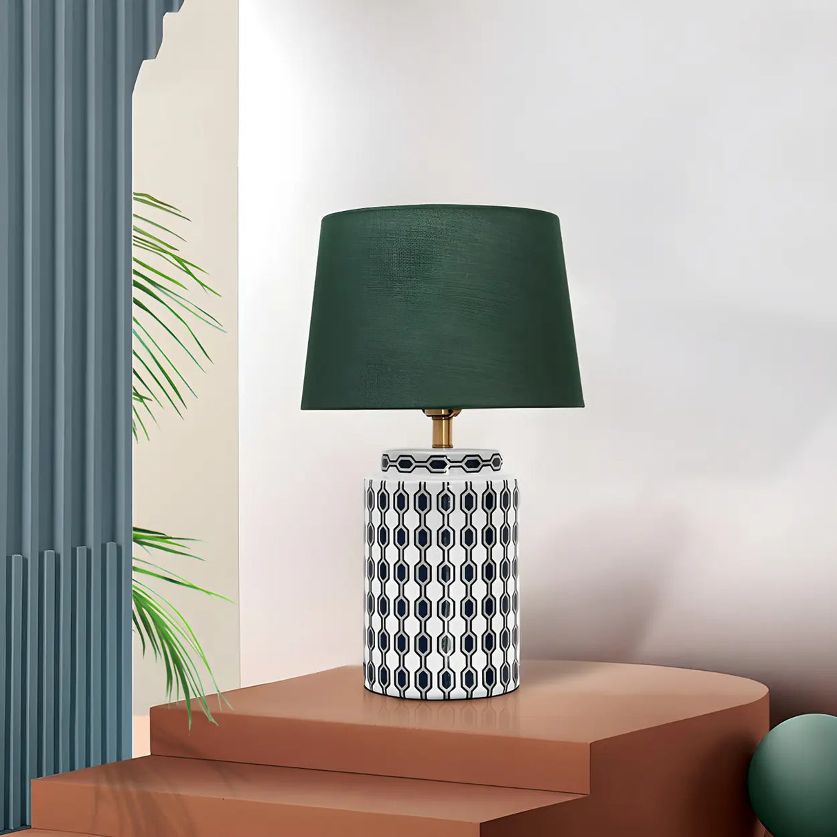 Fashion Green Fabric Shade Patterned Ceramic Table Lamp Image - 1