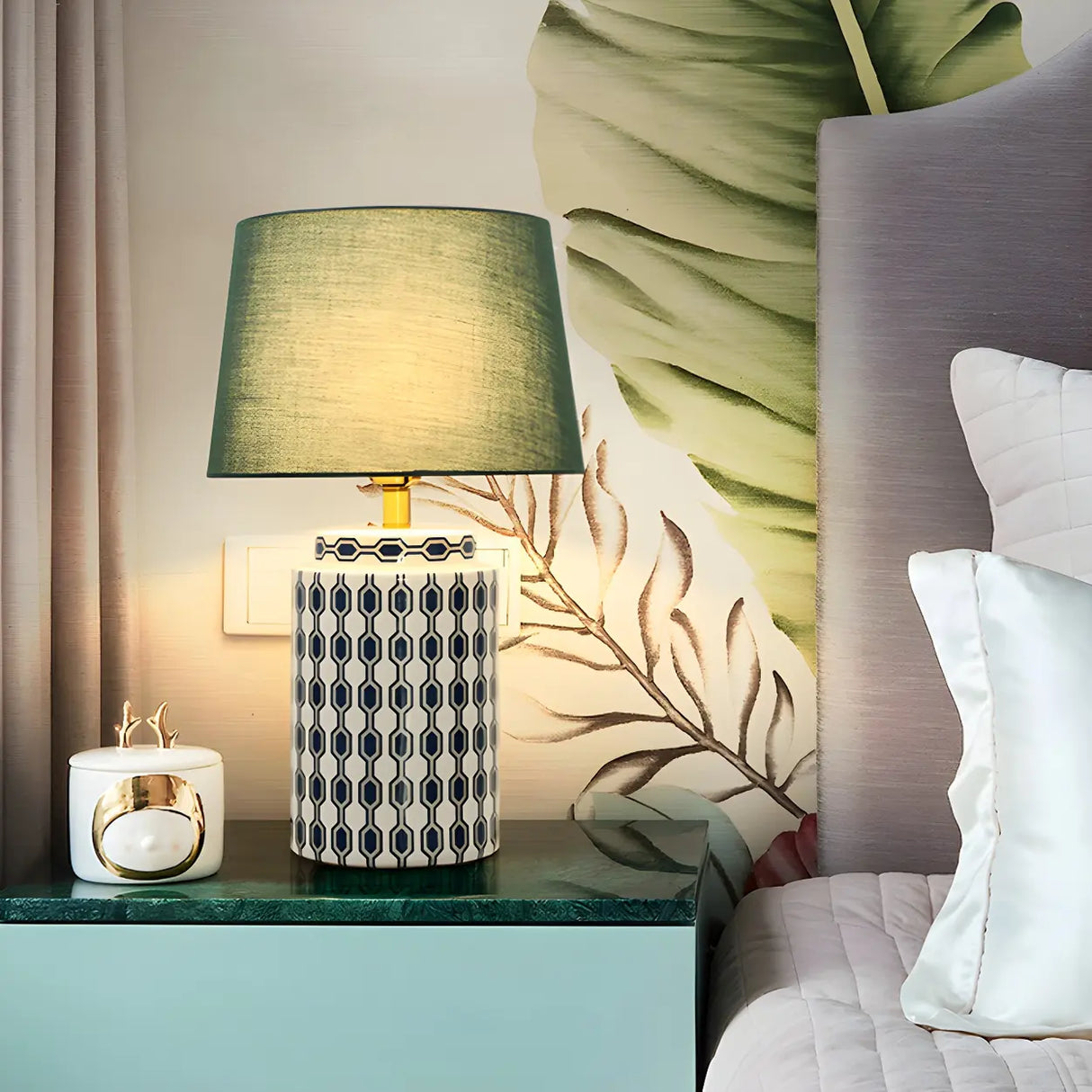 Fashion Green Fabric Shade Patterned Ceramic Table Lamp Image - 5