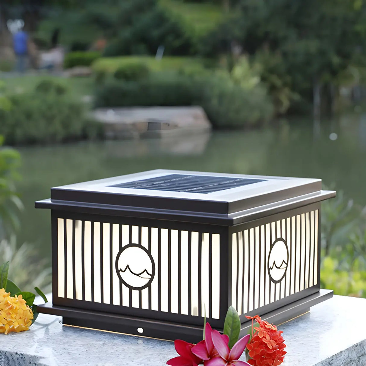 Fashion Solar Striped Square Lantern Outdoor Lamp Black Image - 1