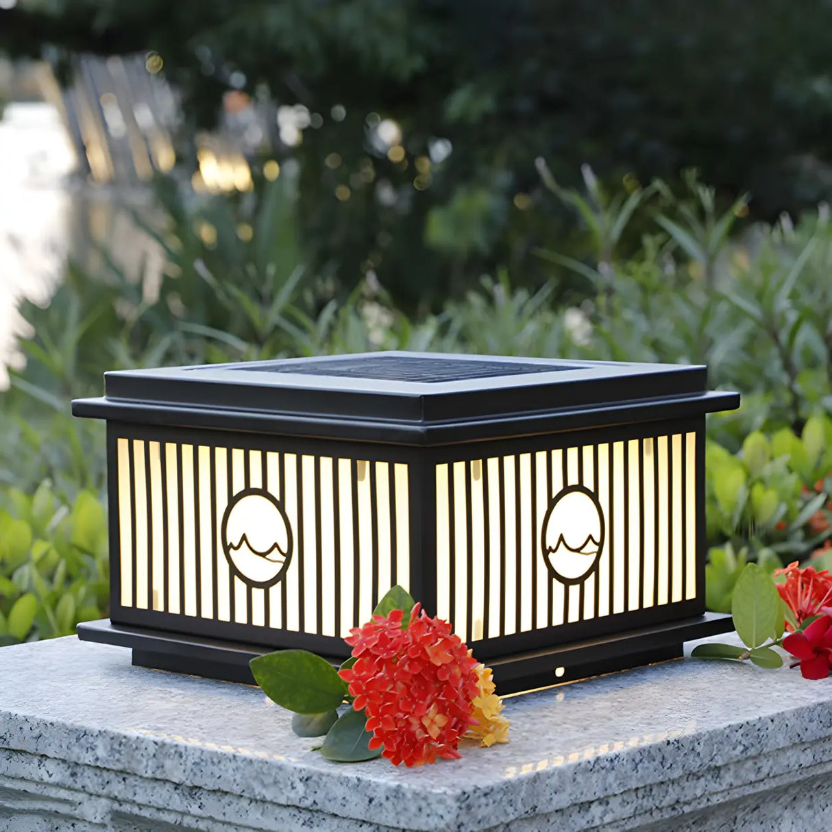 Fashion Solar Striped Square Lantern Outdoor Lamp Black Image - 5