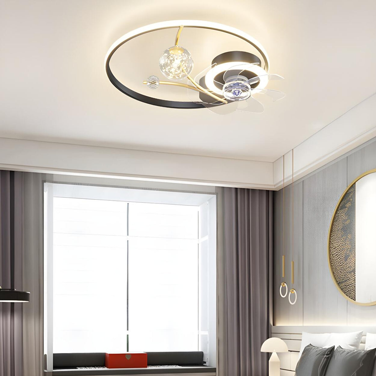 Fashion Spherical Metal Ring Ceiling Fan with LED Light Image - 4