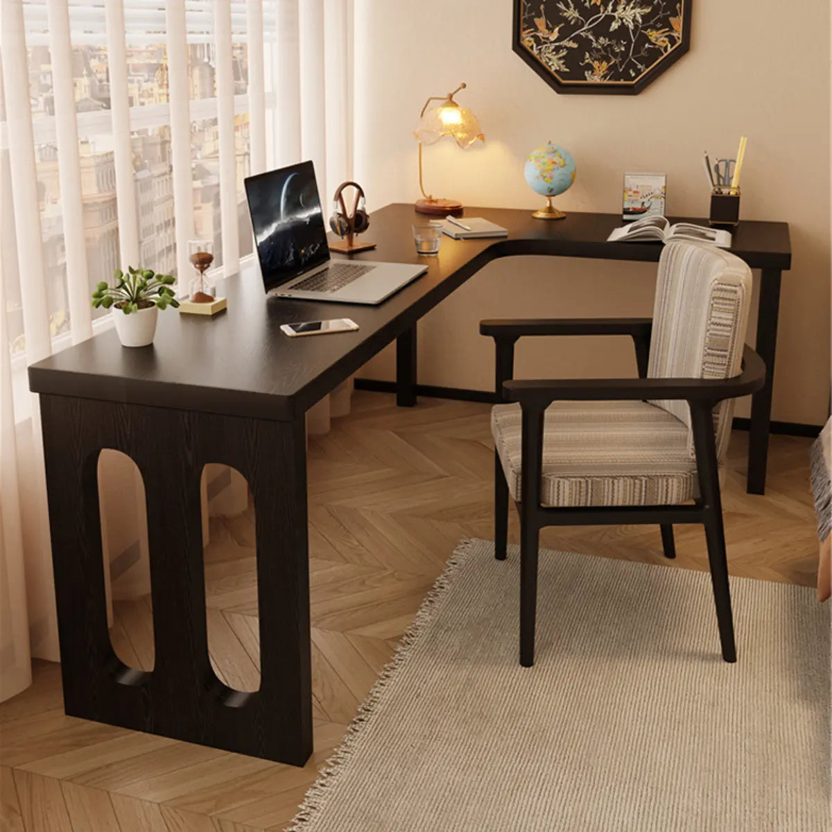 Fashionable Return Black Wooden L-Shape Writing Desk Image - 1