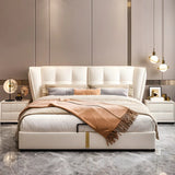 Faux Leather White Wood King Wingback Bed with Storage Image - 1