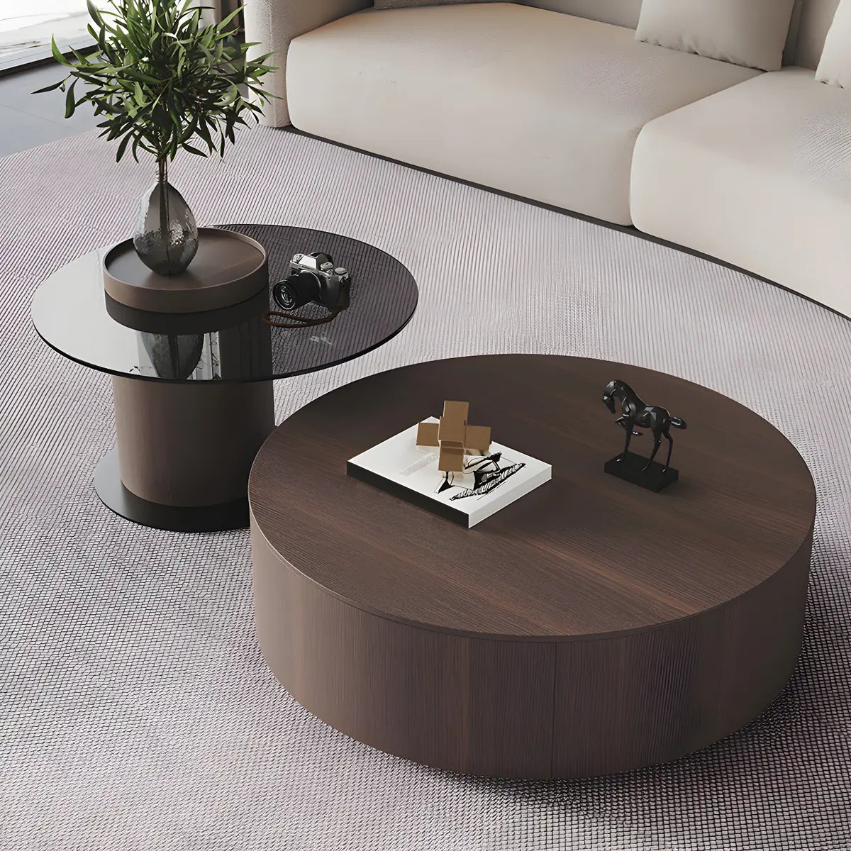 Fixed Oak Wood Round Nesting Coffee Table with Storage Image - 15