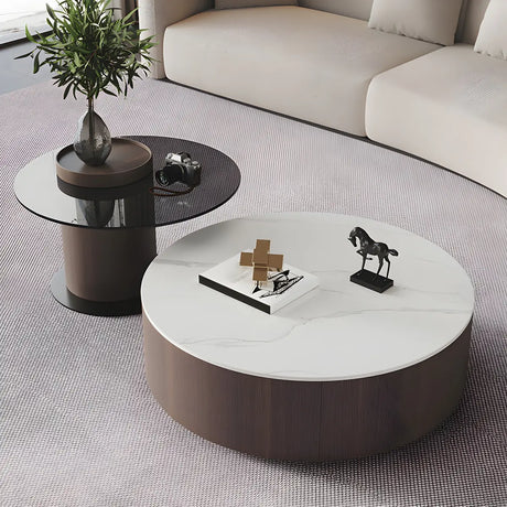 Fixed Oak Wood Round Nesting Coffee Table with Storage Image - 2