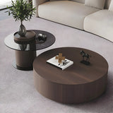 Fixed Oak Wood Round Nesting Coffee Table with Storage Image - 3