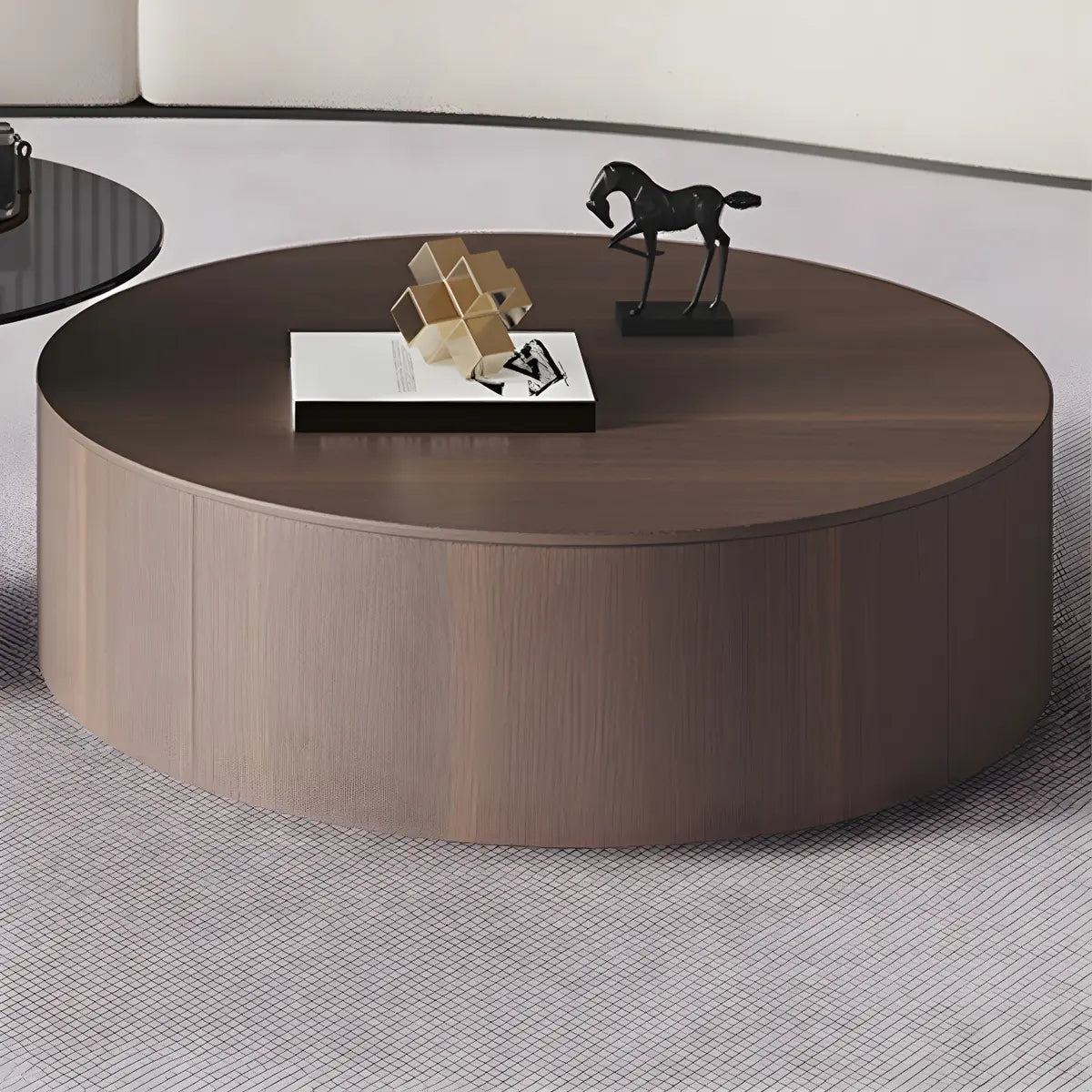 Fixed Oak Wood Round Nesting Coffee Table with Storage Image - 5