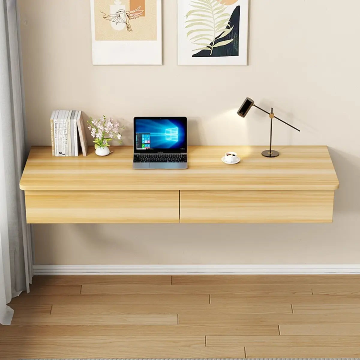 Floating Wooden Rectangle Drawers Narrow Writing Desk Image - 9