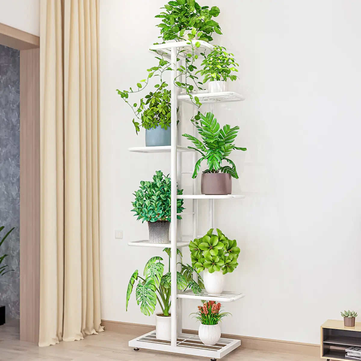 Floor Rectangle Metal Frame Holder Plant Stand White Image - 1