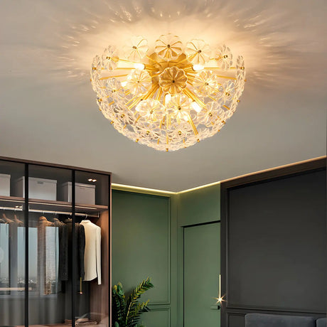 Flower Brass Bowl Crystal Flush Mount Ceiling Light Image - 1