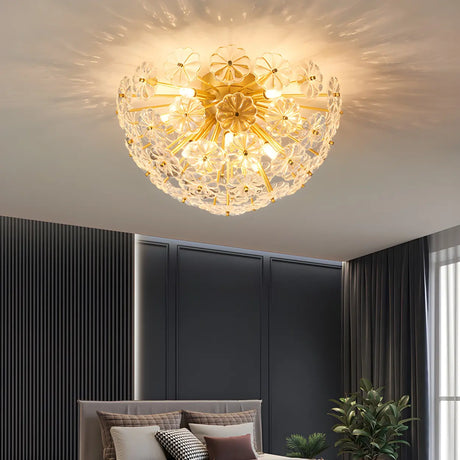 Flower Brass Bowl Crystal Flush Mount Ceiling Light Image - 2