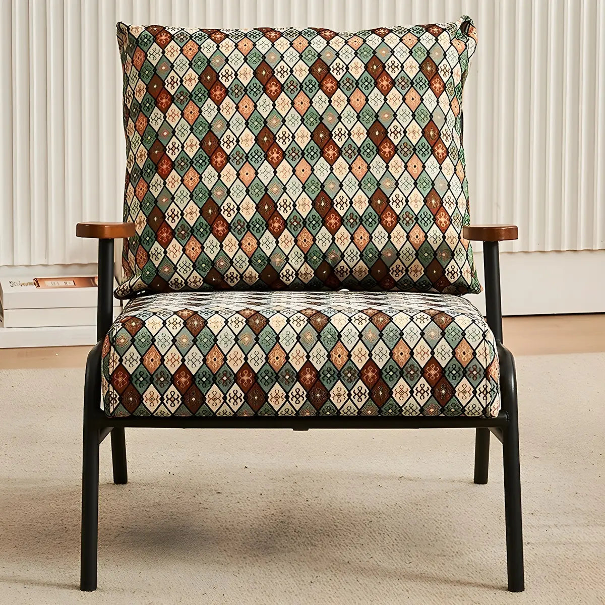 Flower Color Cotton Linen Black Legs Mid-Back Arm Chair Image - 3