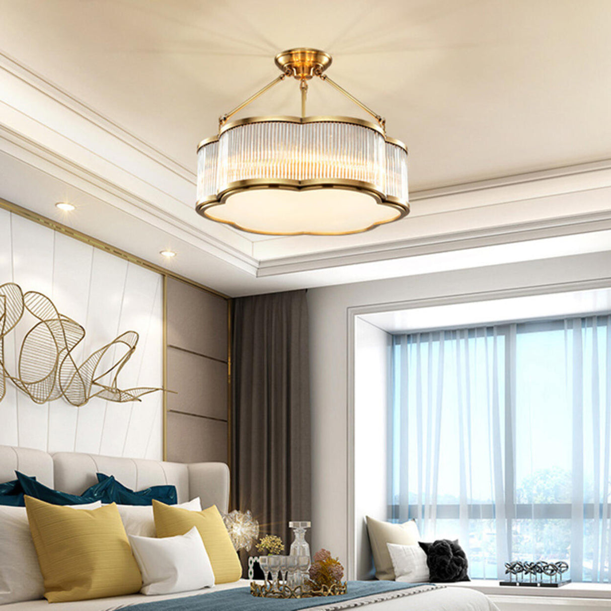 Flower Drum Gold Semi-Flush Mount Light Living Room Image - 6