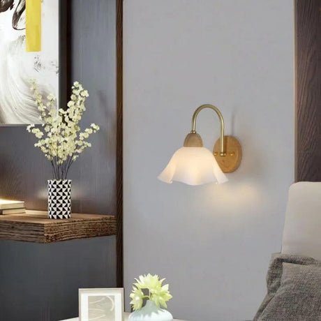 Flower Glass Shade Wood Color Bedroom Wall Sconces Image - 1