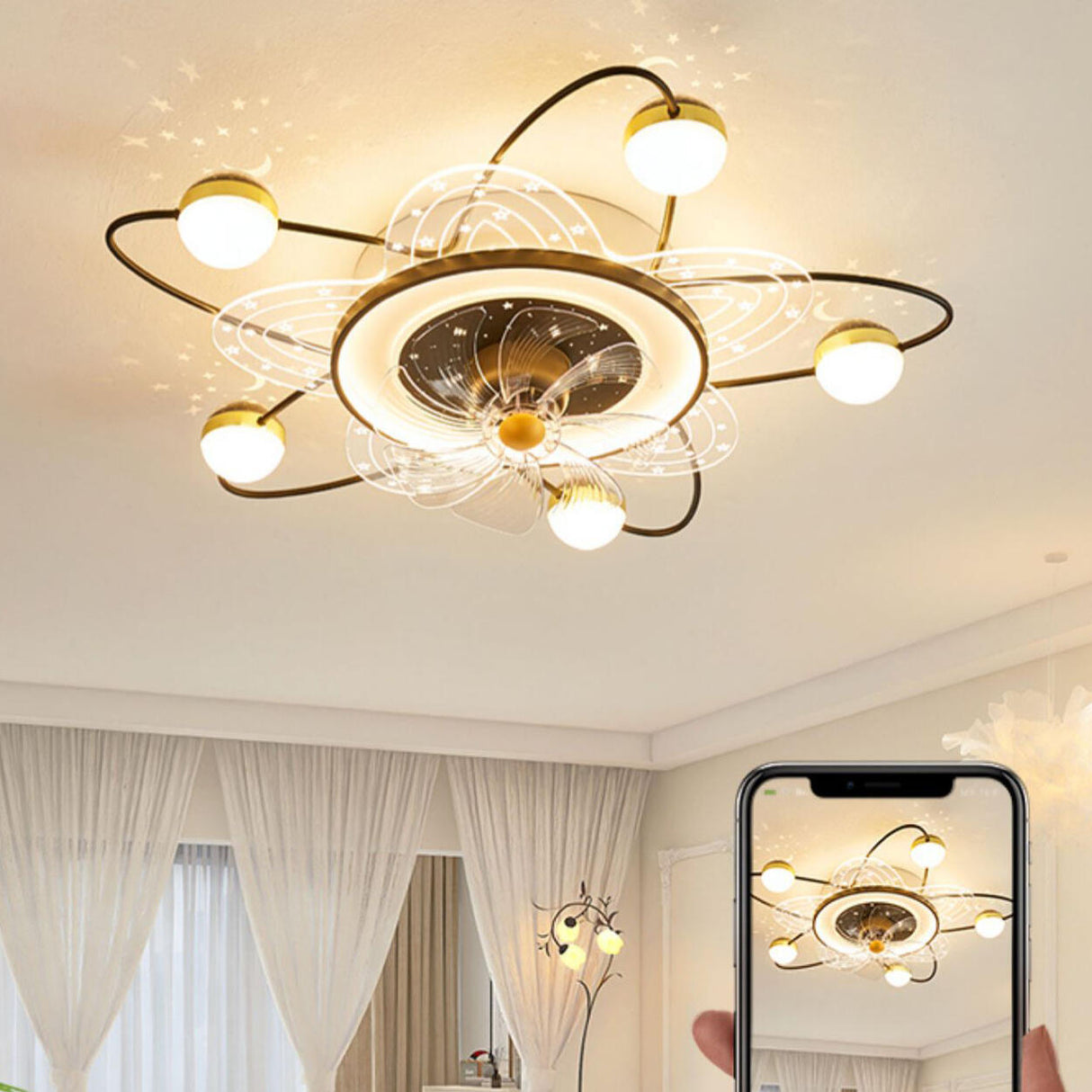 Flower-Shaped Clear Dimming Flush Mount Light with Fan Image - 13