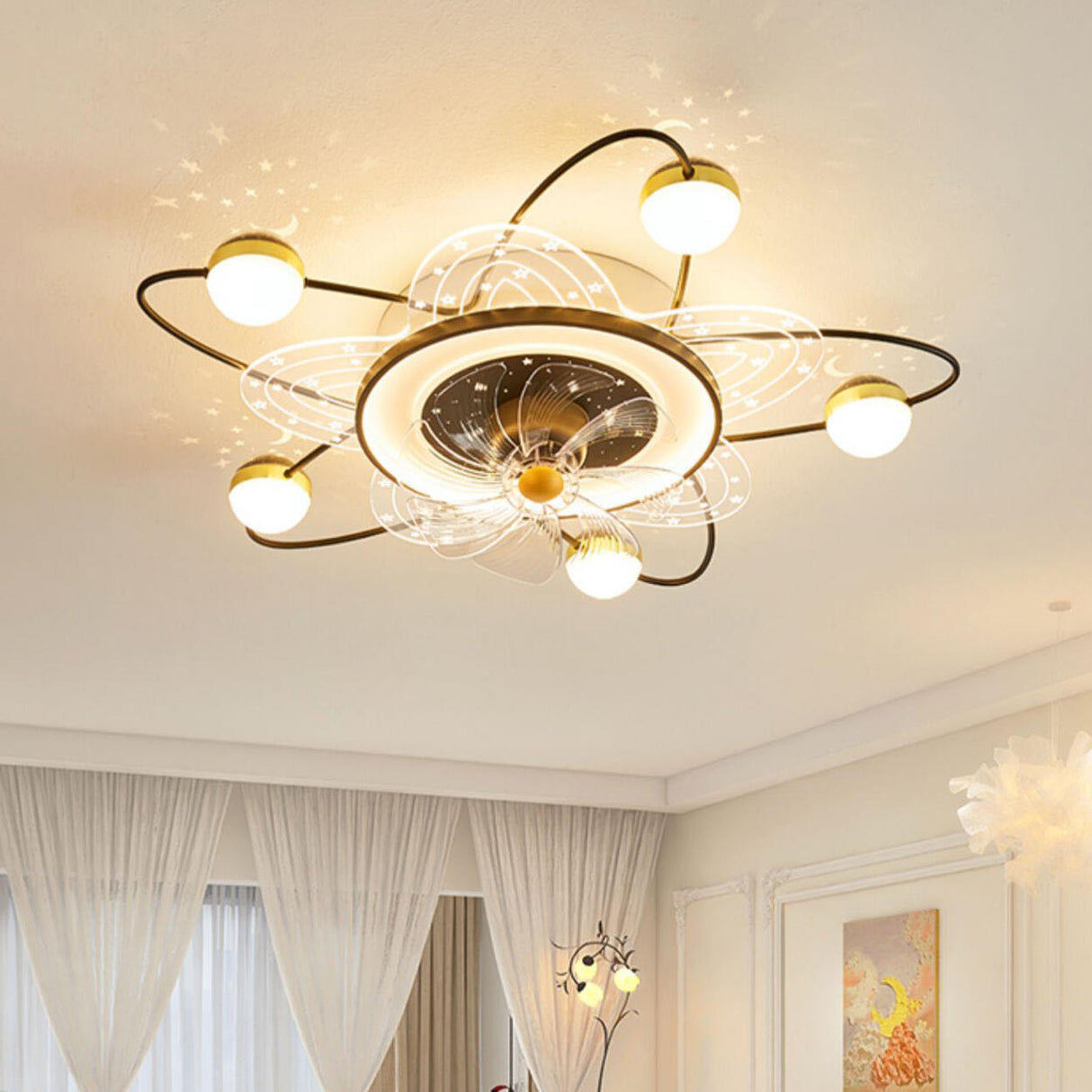 Flower-Shaped Clear Dimming Flush Mount Light with Fan Image - 4