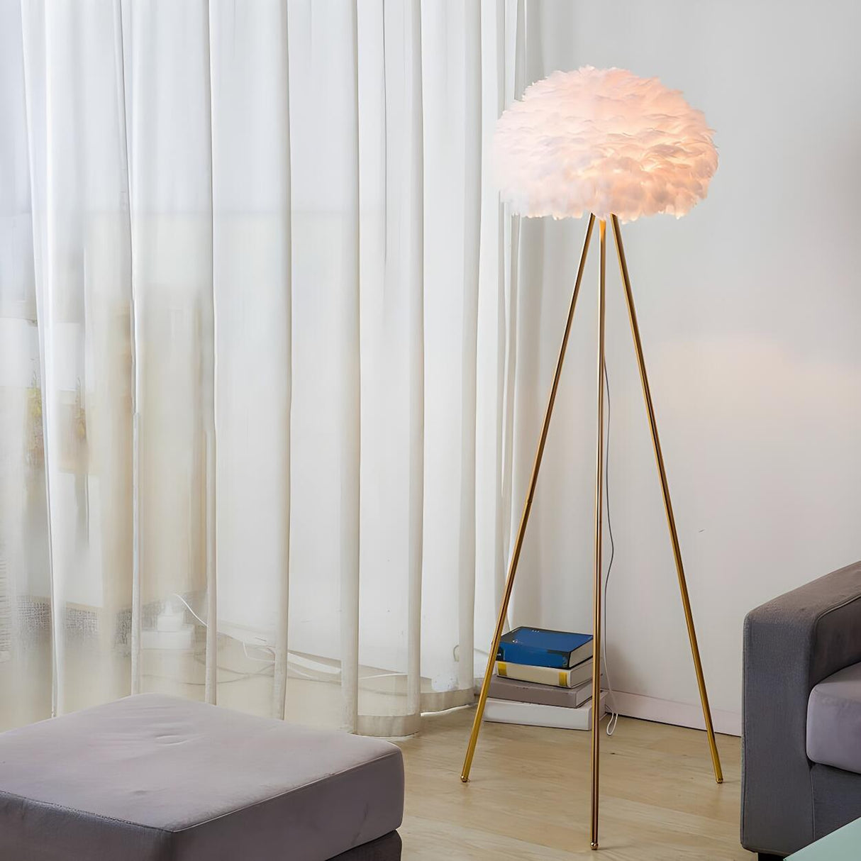 Fluffy Feather Shade Modern Tripod Metal Floor Lamp Image - 11