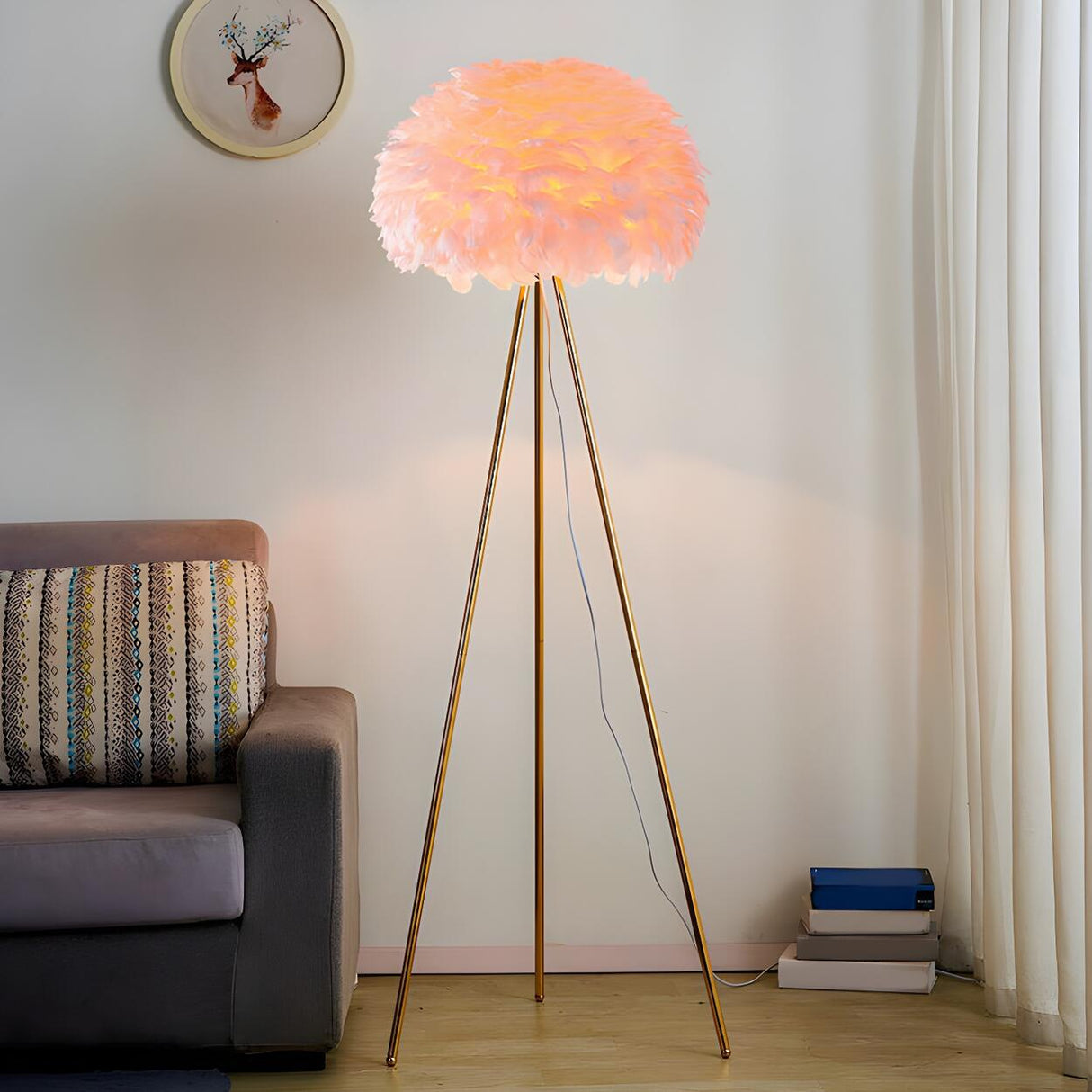 Fluffy Feather Shade Modern Tripod Metal Floor Lamp Image - 3