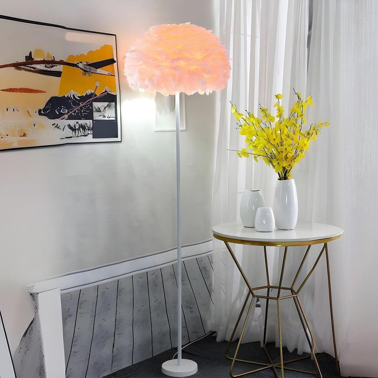 Fluffy Feather Shade Modern Tripod Metal Floor Lamp Image - 9