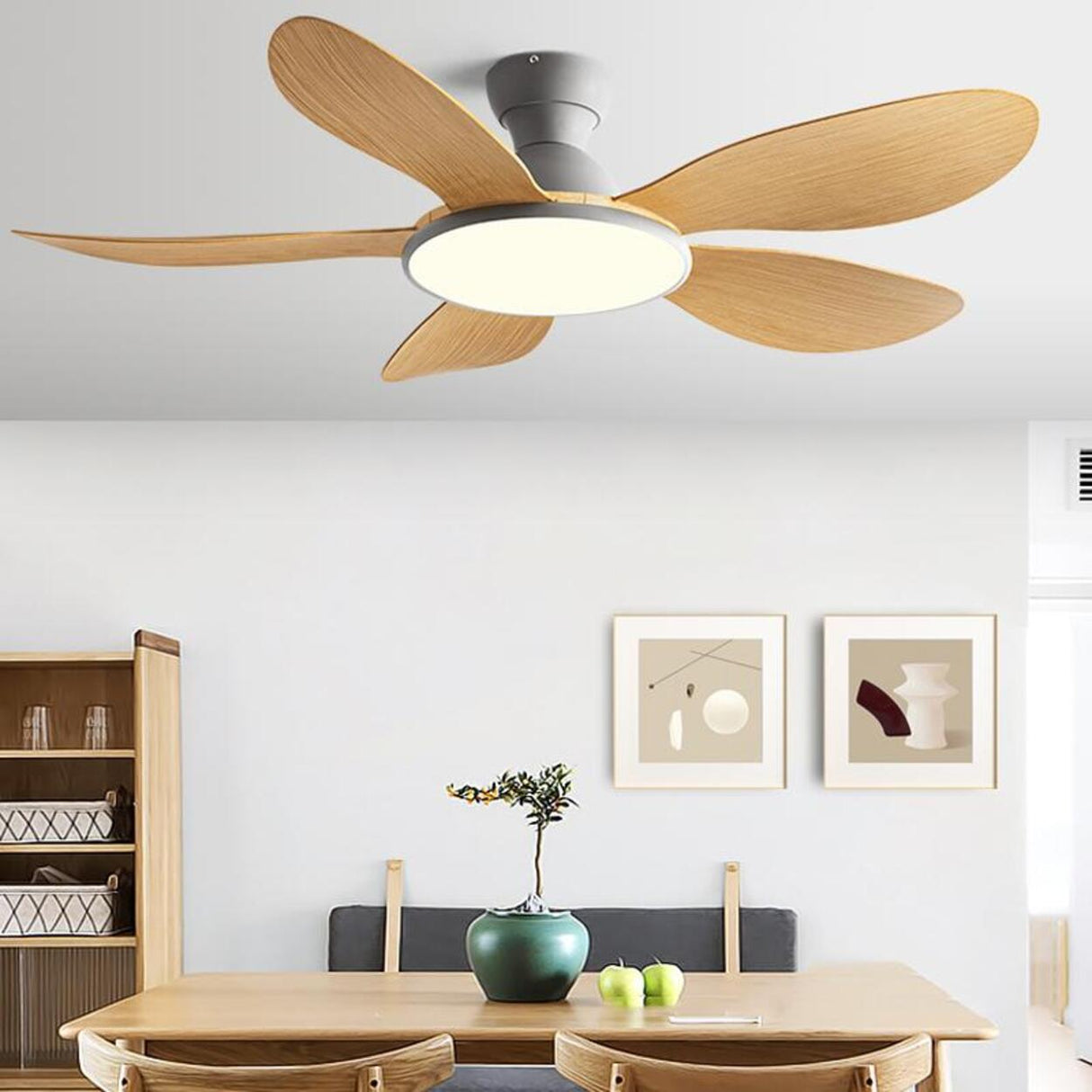 Flush 5 Wood Blade Flower Shape Ceiling Fan with Light Image - 1