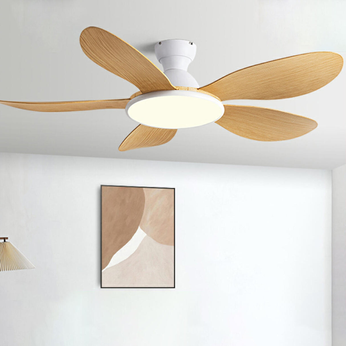 Flush 5 Wood Blade Flower Shape Ceiling Fan with Light Image - 10