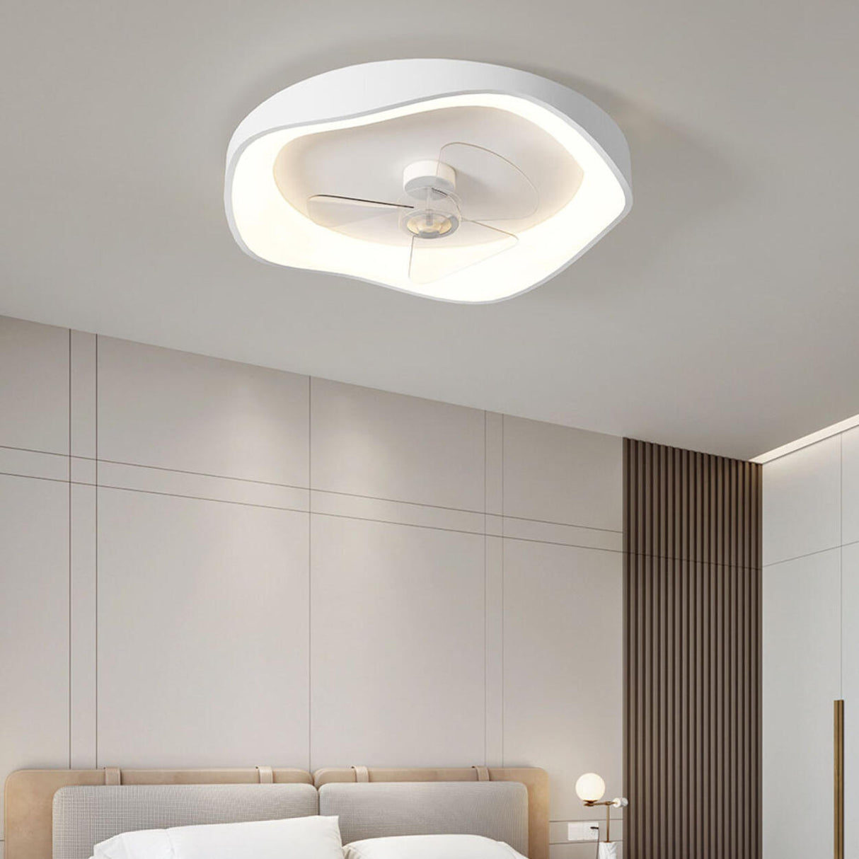 Flush Mount Bedroom Round Remote Ceiling Fan Light Image - 16