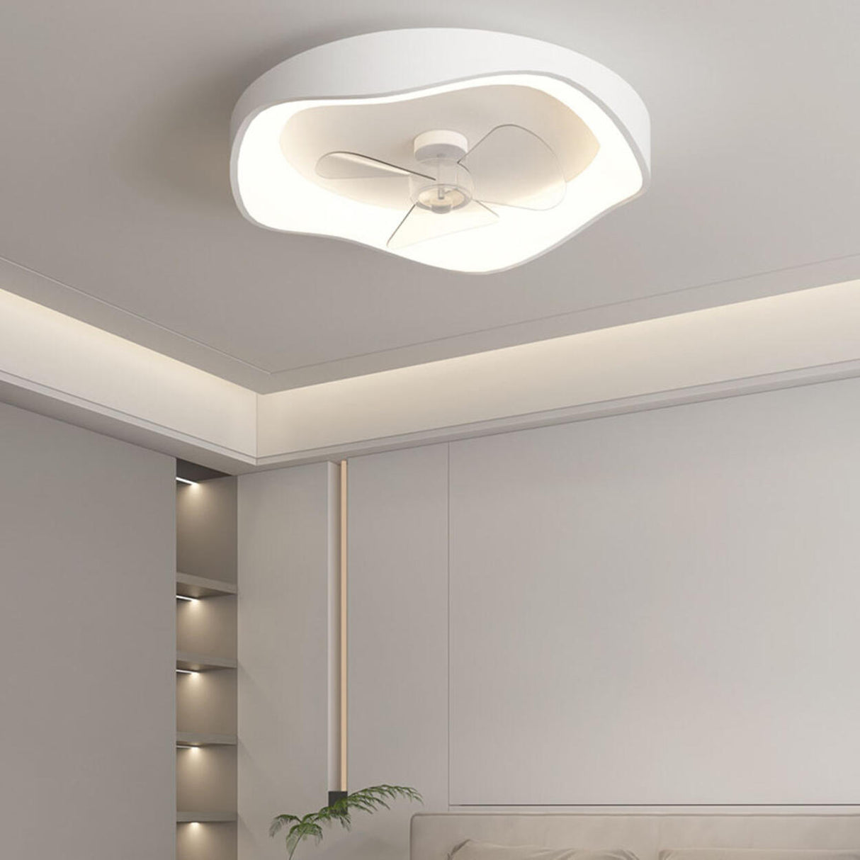 Flush Mount Bedroom Round Remote Ceiling Fan Light Image - 18