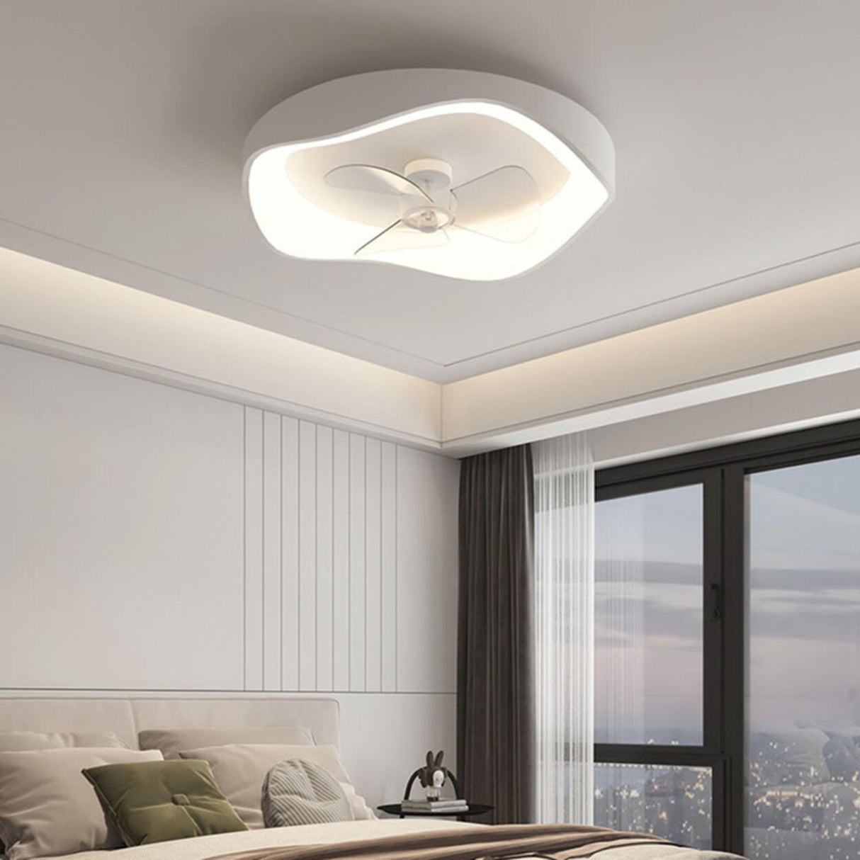 Flush Mount Bedroom Round Remote Ceiling Fan Light Image - 19