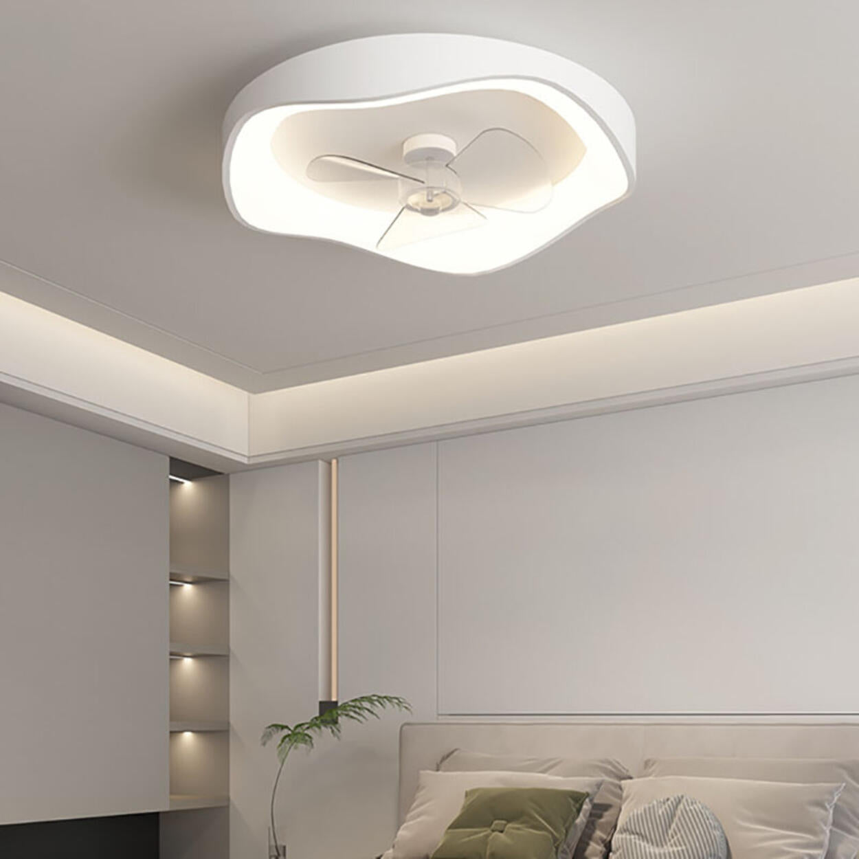 Flush Mount Bedroom Round Remote Ceiling Fan Light Image - 2