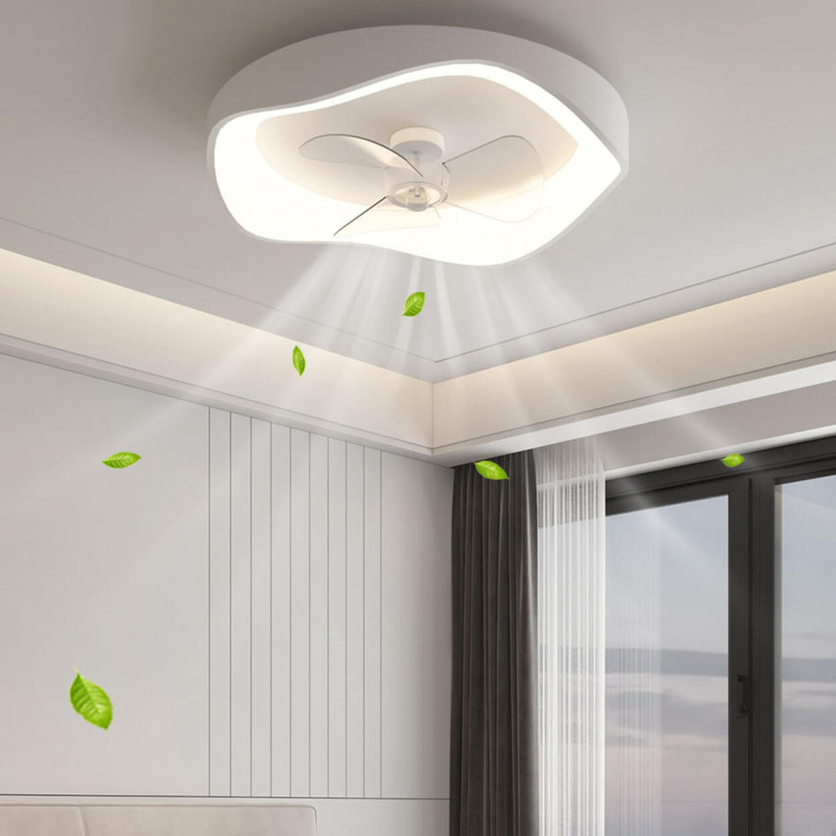 Flush Mount Bedroom Round Remote Ceiling Fan Light Image - 4