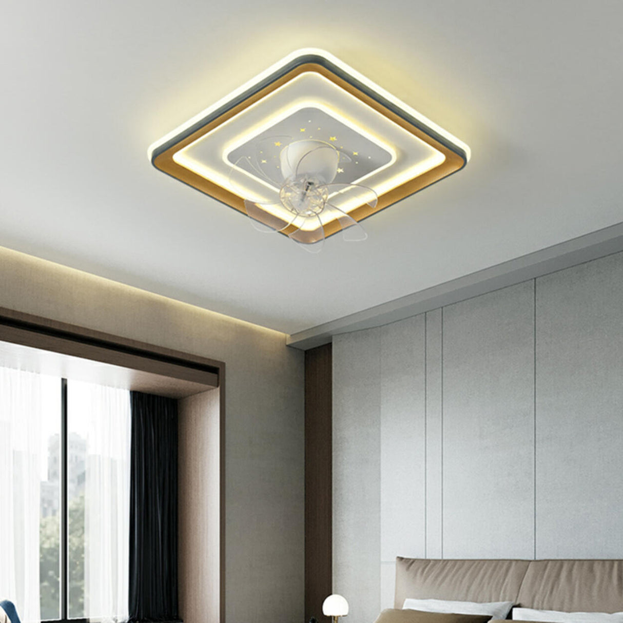 Flush Mount Remote Control Geometric Ceiling Fan Light Image - 21