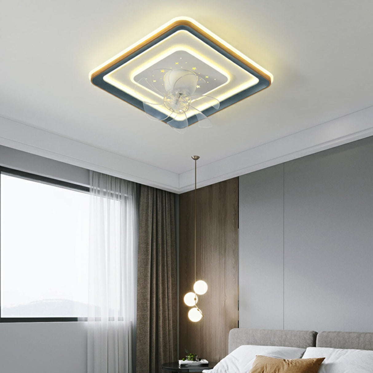 Flush Mount Remote Control Geometric Ceiling Fan Light Image - 4