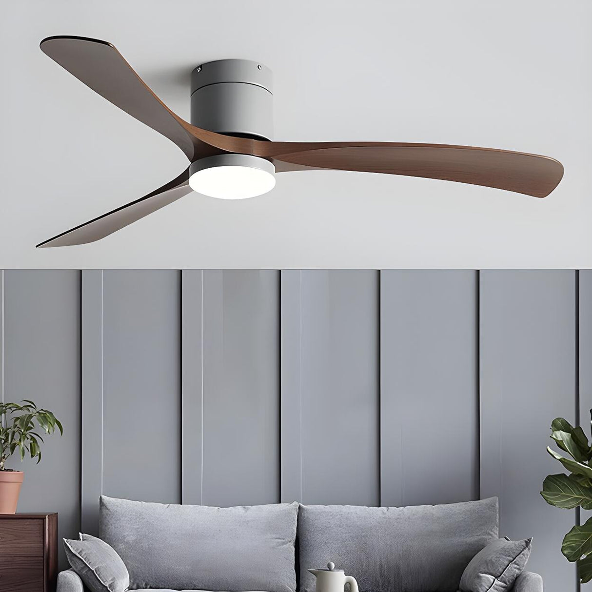 Flush Mount Simple 3 Wood Blades Ceiling Fan with Light Image - 13