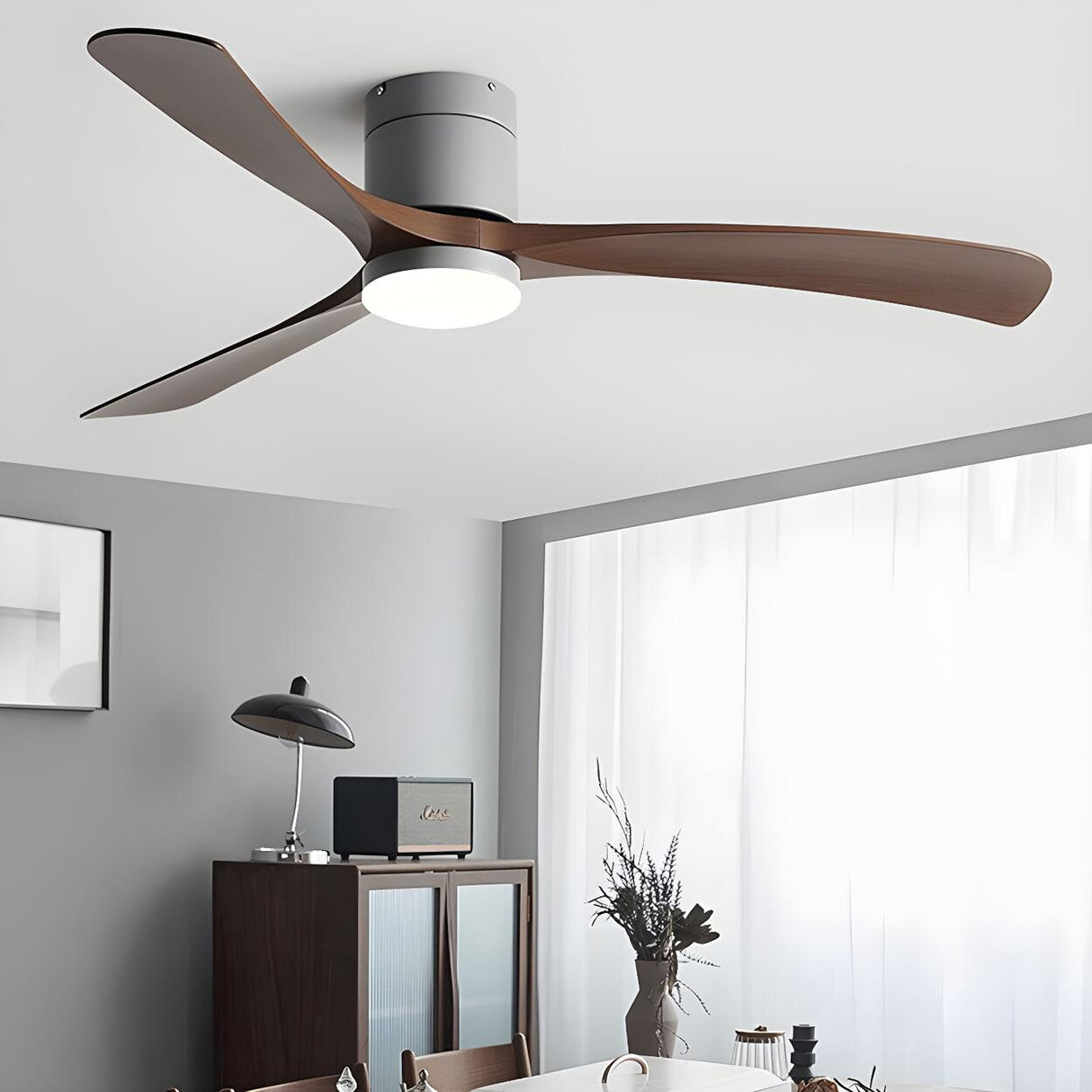 Flush Mount Simple 3 Wood Blades Ceiling Fan with Light Image - 14