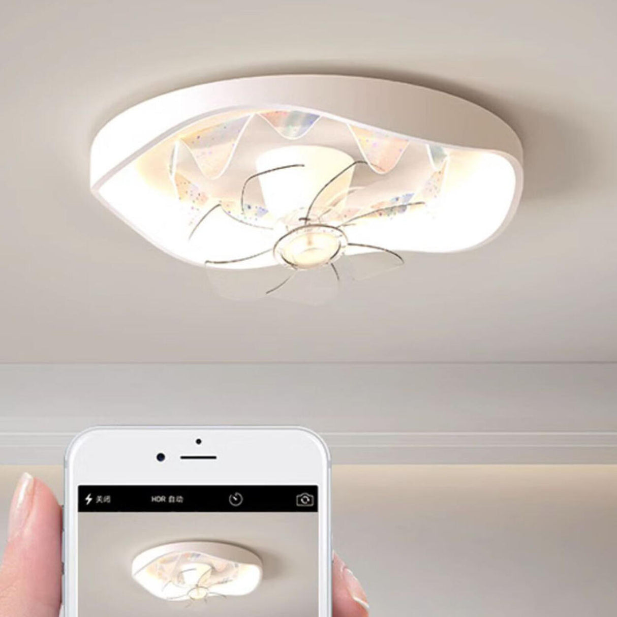 Flush Mount White Ring Ceiling Fan with LED Light Image - 12