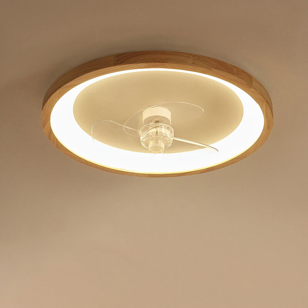 Flush Mount Wood 3 Clear Blades Ceiling Fan with Light Image - 12