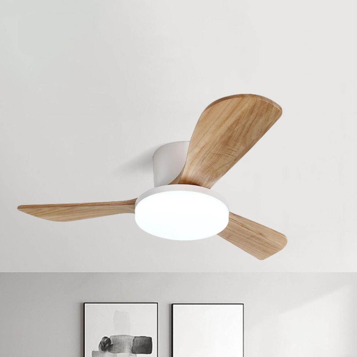 Flush Mounted Solid Wood 3 Blade LED Ceiling Fan Light Image - 14