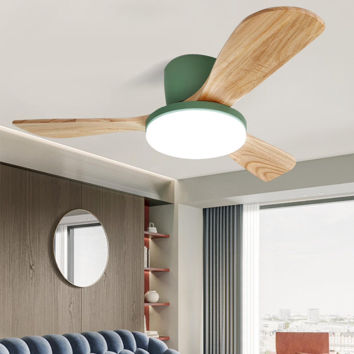 Flush Mounted Solid Wood 3 Blade LED Ceiling Fan Light Image - 4